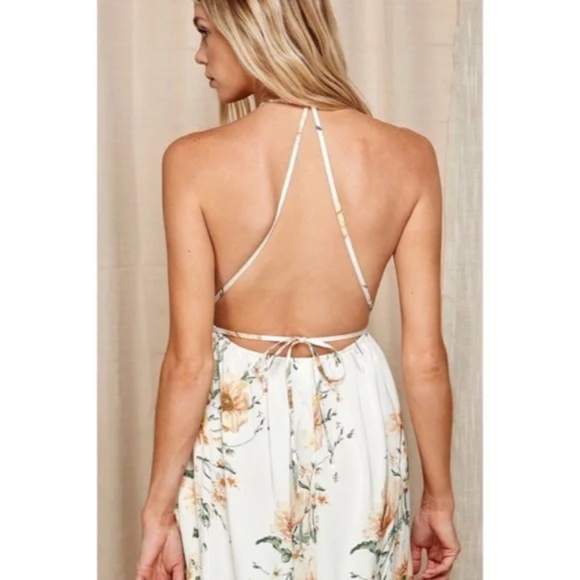 White Floral Print Halter Open Back Maxi Full Long Length Dress Gown W/ Slit - Picture 7 of 7